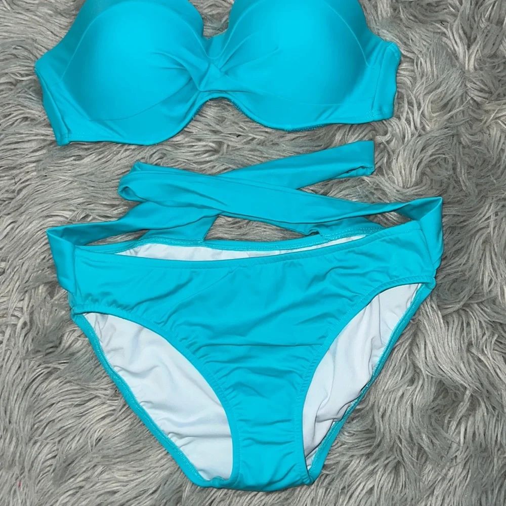 Venus Light Turquoise Blue Wrap Cut-Out Bottoms & Bandeau Twist Top Bikini